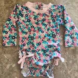 Ruffle Butts Floral Long Sleeve Swimsuit - Pink, Blue, Green